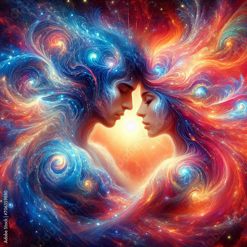Twin flame couple. Soulmates. The concept of magical, esoteric, tantric, spiritual love. Connection between souls. Illustration for websites and much more. Created using generative ai tools.