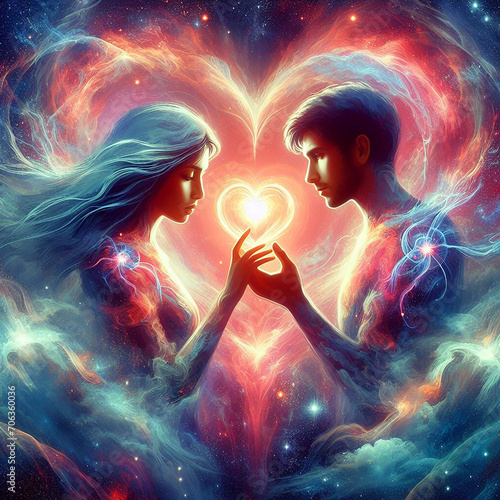 Twin flame couple. Soulmates. The concept of magical, esoteric, tantric, spiritual love. Connection between souls. Illustration for websites and much more. Created using generative ai tools.