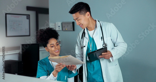 Folder, tablet and receptionist people, doctor or administration consulting on report, database or medicine study. Medical team, collaboration chat or clinic secretary talking about results documents