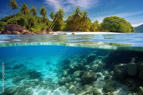 Photo of a tropical paradise with crystal-clear waters. Generative AI © Aditya