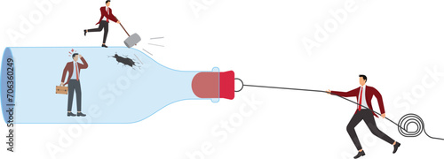 Blocking, Cork Stopper, Jar, Pushing, Businessman, Open,