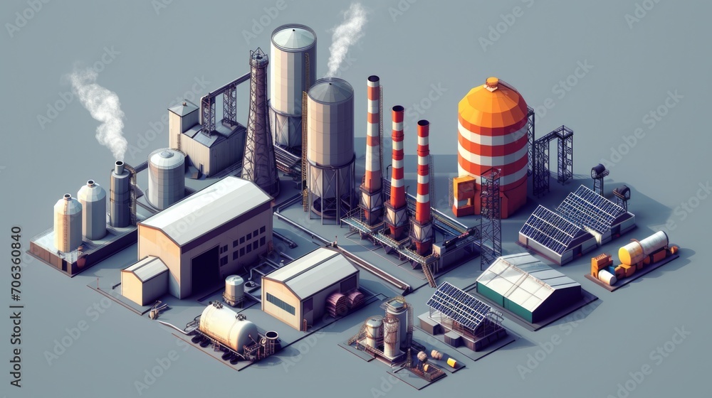 A picture of an industrial factory with smoke billowing out of its chimneys. This image can be used to depict industrial pollution or manufacturing processes
