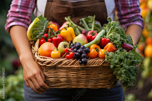 Harvesting garden bounty. Person with basket of vibrant fruits  vegetables. Ideal for agriculture and sustainability projects.