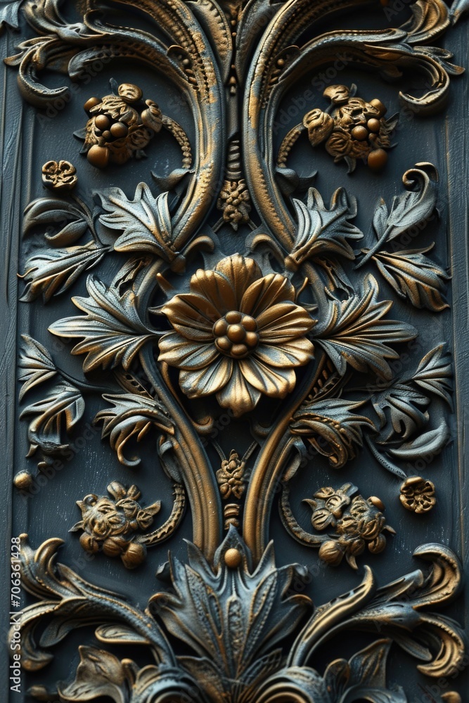 A close-up view of a decorative design on a door. This image can be used to add an elegant touch to any project or to showcase intricate craftsmanship