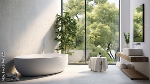 Modern contemporary bathroom with white wall and large windows, Looking out to see the garden view, Generative AI © Onchira