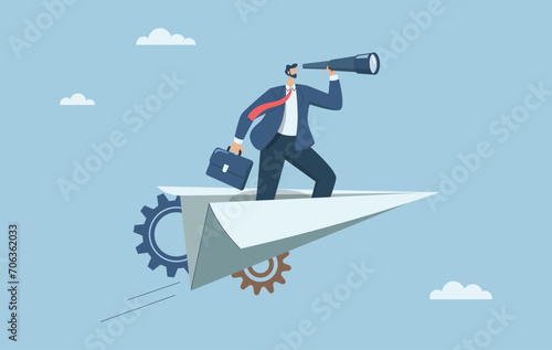 Business leaders search for business opportunities, Look ahead, Forecast future investments or discover new ideas, Businessman with binoculars on paper airplane in the sky. Vector design illustration