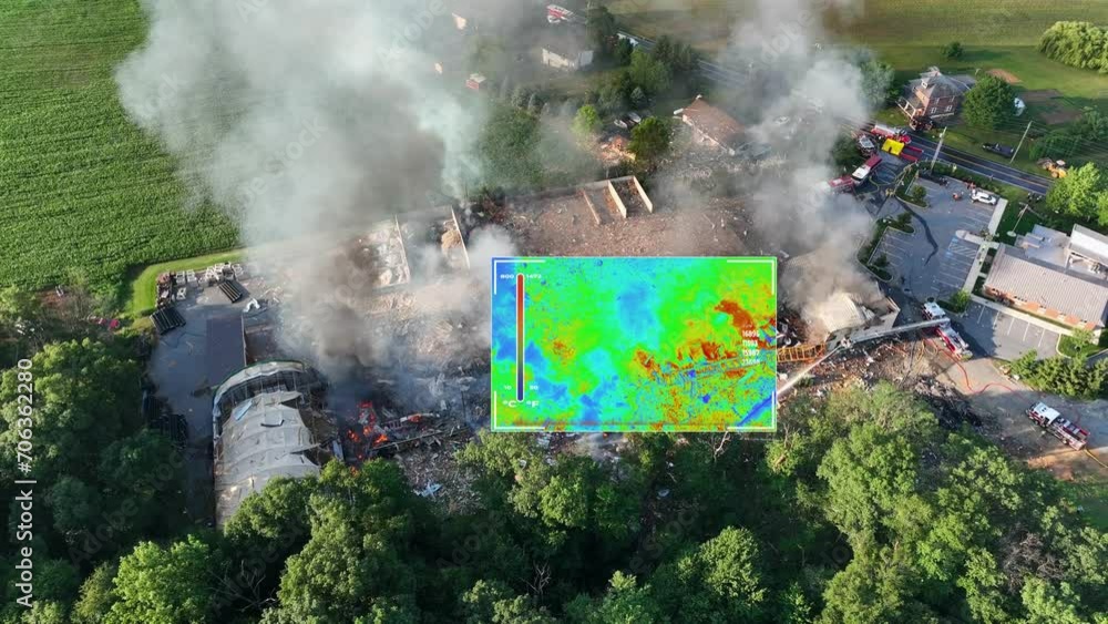 Drone thermal imaging smoking fire. Hot spots amidst debris revealing by futuristic overlay animation for firefighters. High aerial orbit shot searching for people and animals.