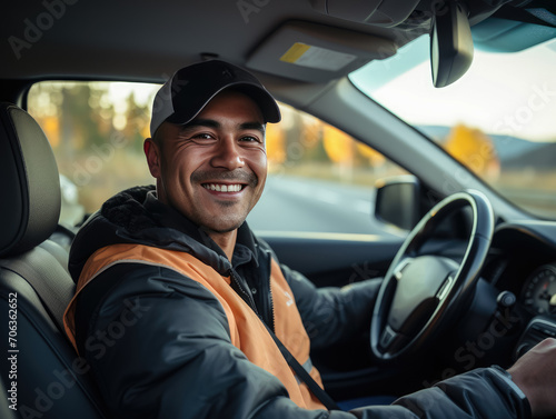 Portrait of smiling young man driving car. behind wheel looking at camera