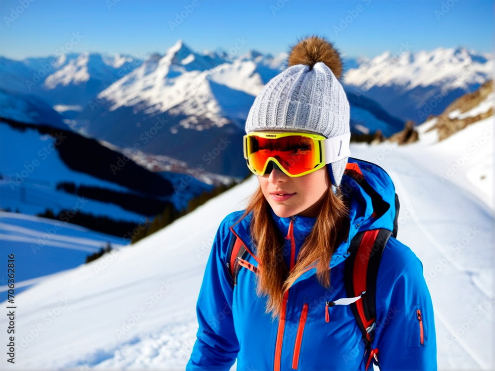 Portrait of young woman with ski goggles on top of snowy mountains