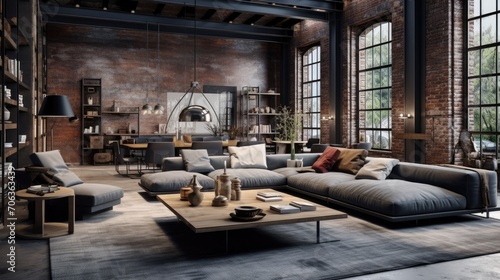 Living room loft in industrial style, a room Stylish Modern with sofa, wood tables, and a concrete wall, Generative AI © Onchira