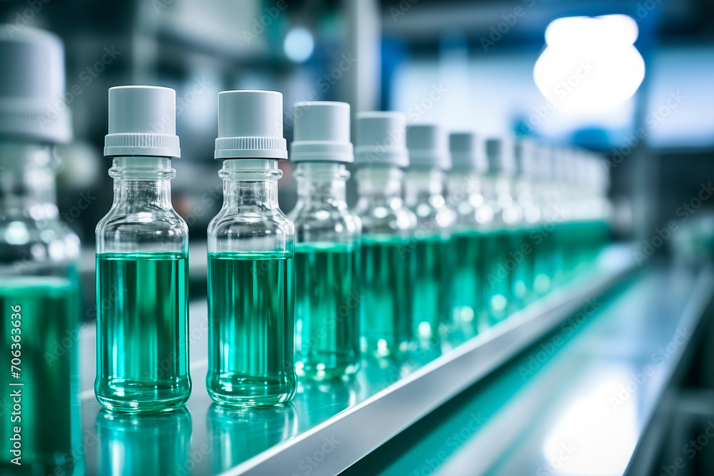 Plastic bottles on an automated assembly line in a factory. Plastic bottles on an automated assembly line in a factory.