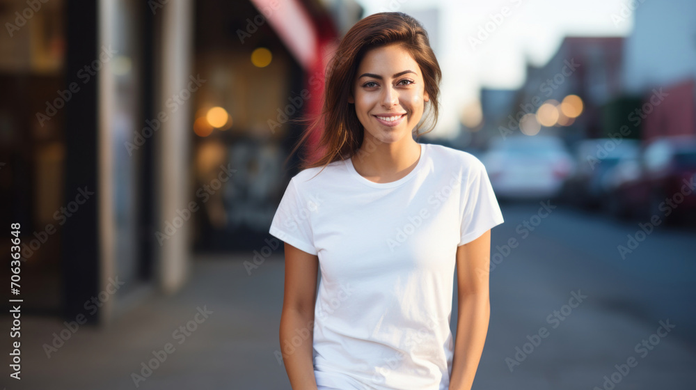 Attractive young woman smiling confidently in a casual white t-shirt in an urban setting.