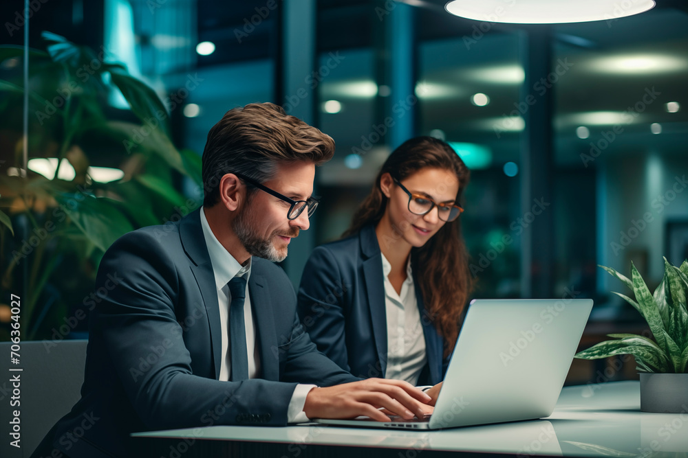 Two colleagues collaboratively working on a laptop in a well-lit office space.
