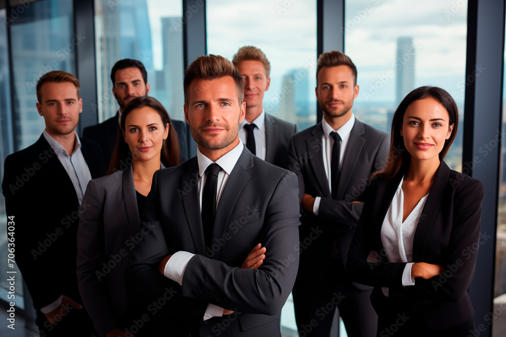A group of business professionals in suits in an office with large windows overlooking the city. A group of business professionals in suits in an office with large windows overlooking the city.