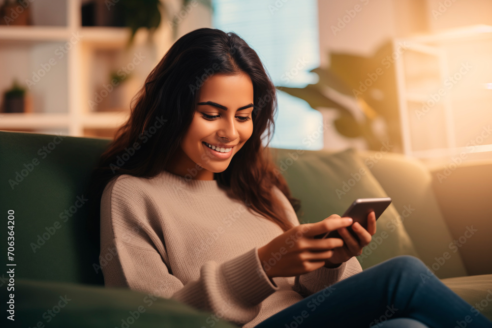 Smiling woman enjoying her smartphone while sitting on a couch, relaxed home environment. Smiling woman enjoying her smartphone while sitting on a couch, relaxed home environment.