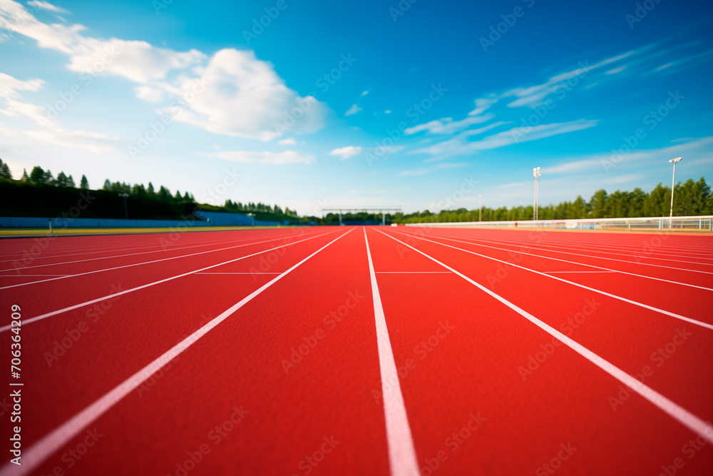 Empty athletics track with marked red lines and a perspective that invites competition.