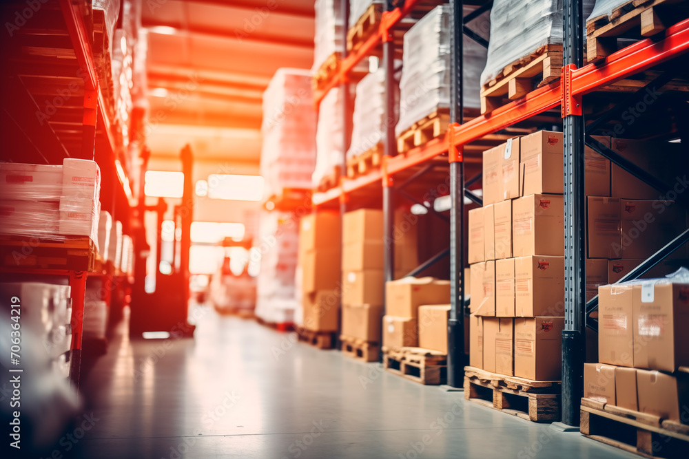 Forklift transporting boxes in an organized industrial warehouse with shelving. Forklift transporting boxes in an organized industrial warehouse with shelving.