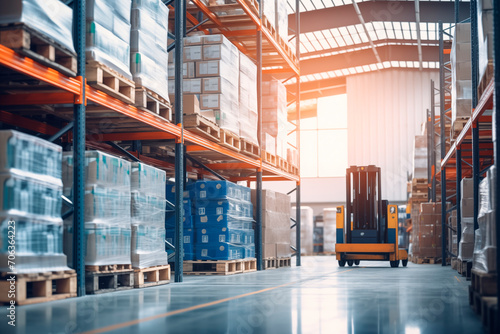Forklift transporting boxes in an organized industrial warehouse with shelving.
