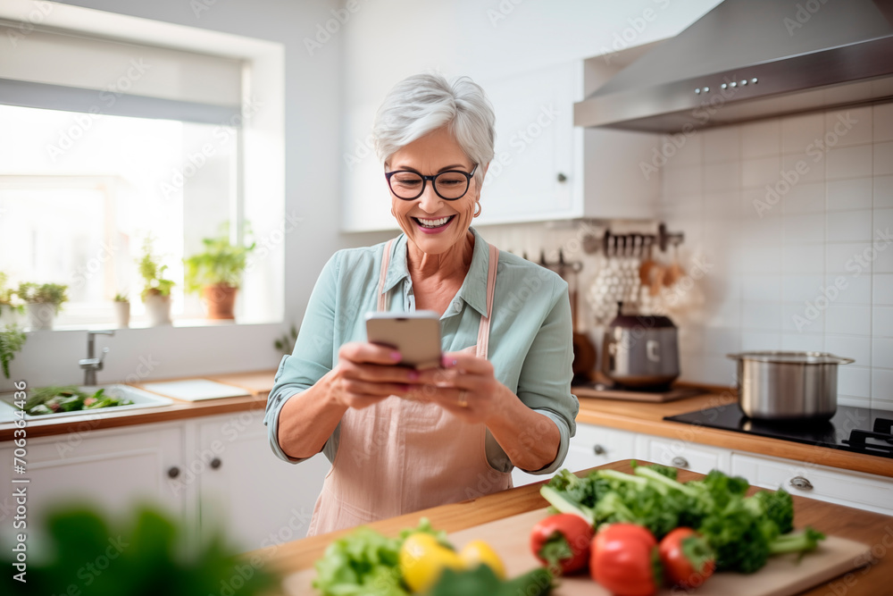 Joyful individual using a smartphone in the kitchen with fresh vegetables, looking up recipes. Joyful individual using a smartphone in the kitchen with fresh vegetables, looking up recipes.