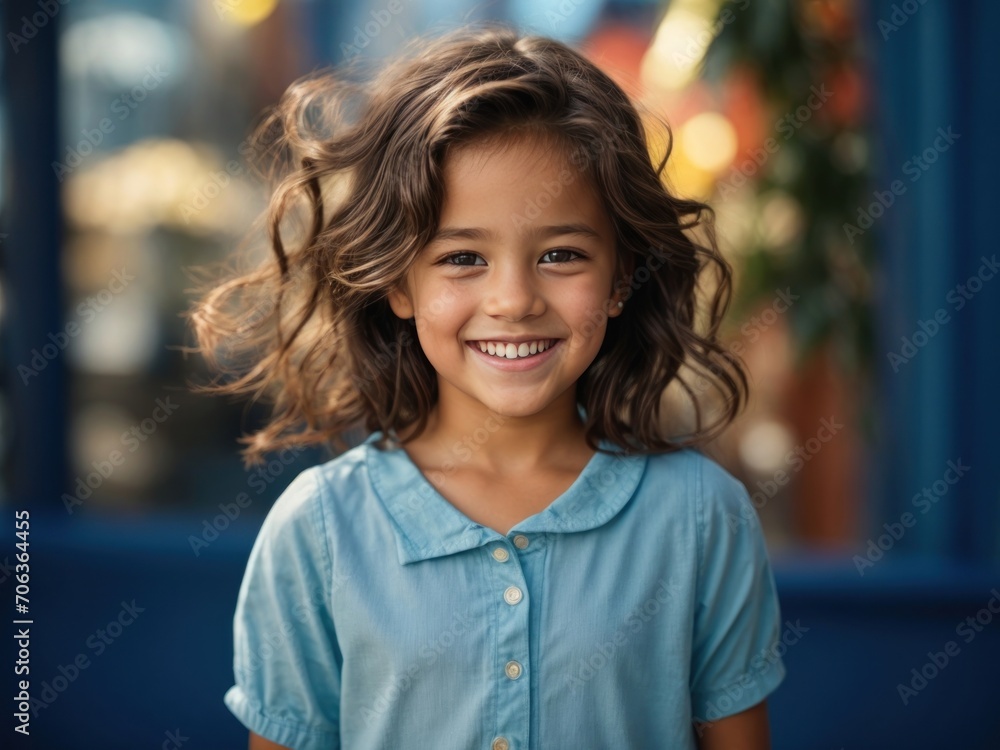 portrait of a cute pretty teen girl with long hair and cute smile in blue background in the studio. Generative AI portrait of a cute pretty teen girl with long hair and cute smile in blue background in the studio. Generative AI