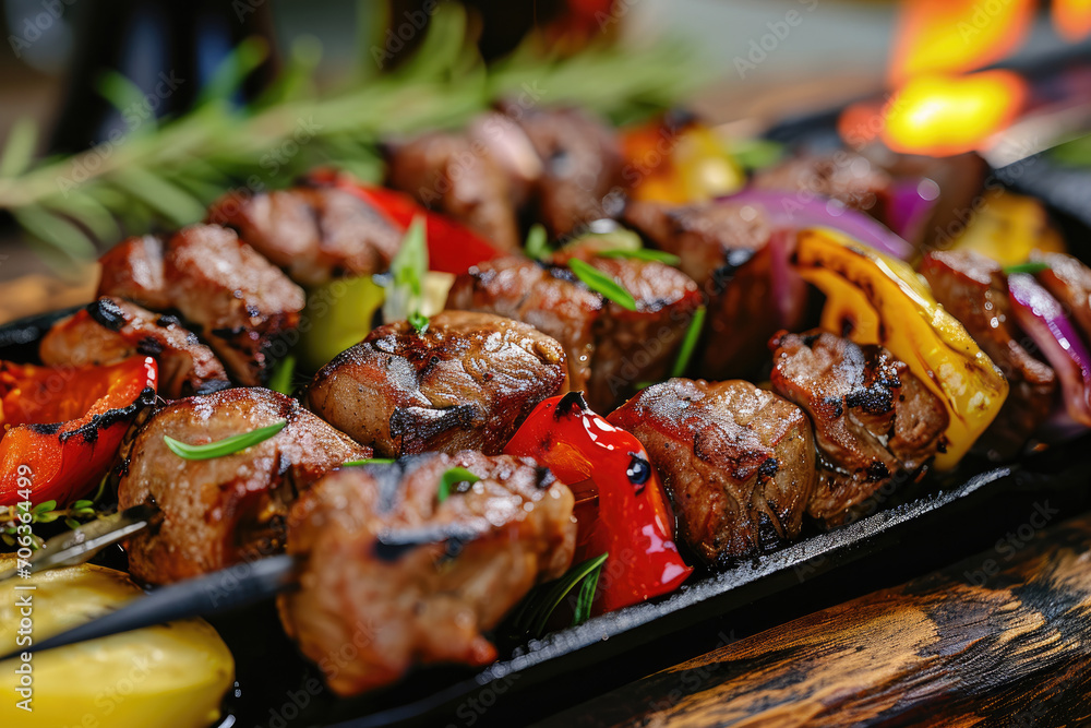 A skewer of shashlik, Russian-style grilled meat, served with colorful vegetables