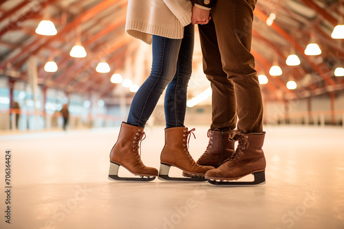 Couple in ice skates standing together on a skating rink, joining hands.