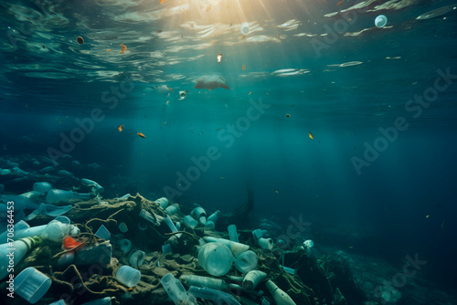 Ocean polluted with plastic and trash, negatively impacting marine life.