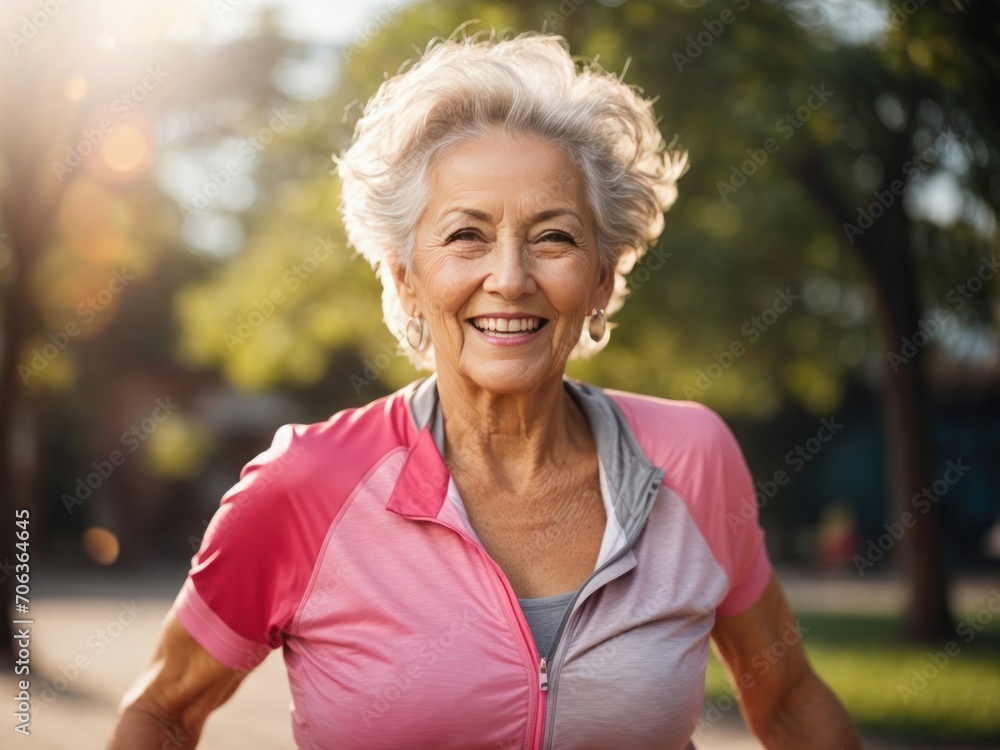 Portrait of smiling senior woman in sportswear exercising in park. Generative AI Portrait of smiling senior woman in sportswear exercising in park. Generative AI
