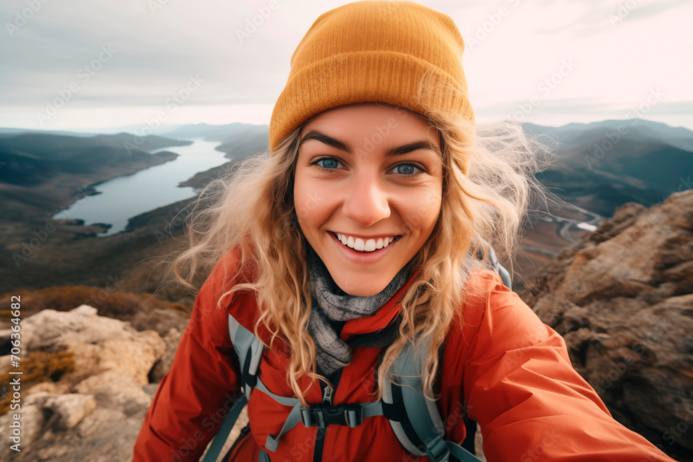 Happy hiker taking a selfie in the mountains wearing a beanie and backpack, enjoying the journey and the view.