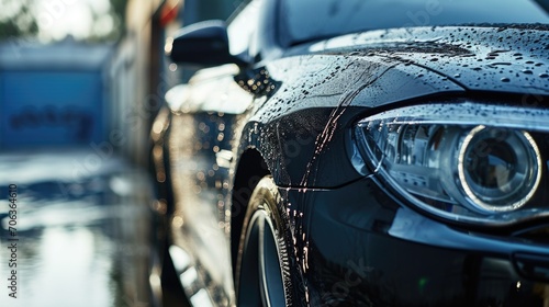 A close up of a car with water covering its surface. Suitable for illustrating rainy weather or car maintenance concepts