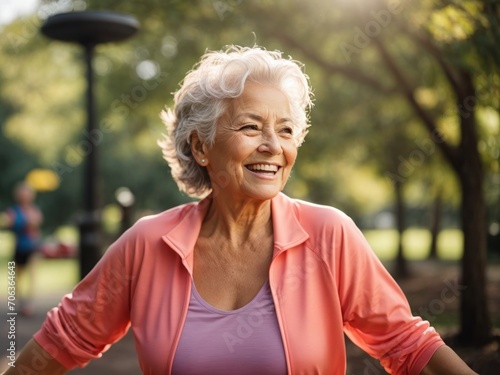 Portrait of smiling senior woman in sportswear exercising in park. Generative AI