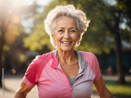 Portrait of smiling senior woman in sportswear exercising in park. Generative AI