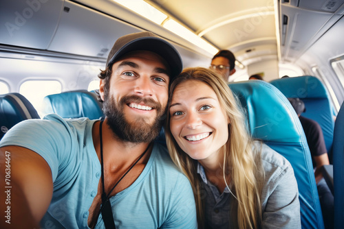 Smiling couple taking a selfie on an airplane, wearing hats and sunglasses, excited for vacation.