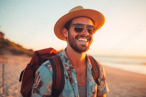 Smiling hiker with a hat and backpack enjoying a beach sunset, radiating happiness.