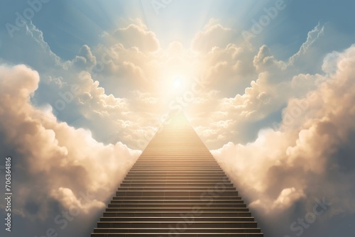 Staircase leading to a bright light among the clouds against the blue sky. The clouds are fluffy and white, and the sun casts rays of light through them, creating a dramatic effect.