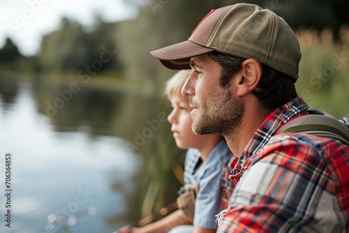 father and son fishing on a lake or river