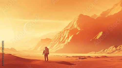 Astronaut man walks in the desert with mountains in Mars. Journey to the red planet. Landscape of the red planet Mars. Made with generative ai