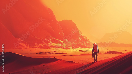 Astronaut man walks in the desert with mountains in Mars. Journey to the red planet. Landscape of the red planet Mars. Made with generative ai