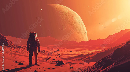 Astronaut man walks in the desert with mountains in Mars. Journey to the red planet. Landscape of the red planet Mars. Made with generative ai