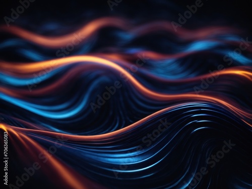 Abstract glowing flowing wavy lines on dark blue background. Generative AI