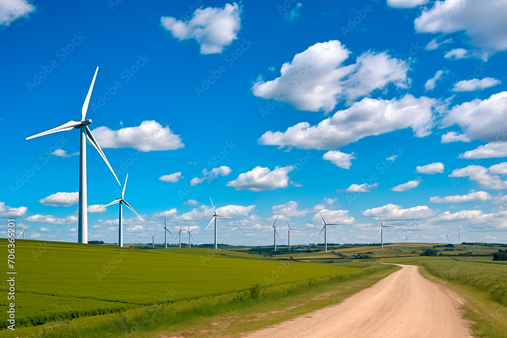 custom made wallpaper toronto digitalWind turbines on green hills under a cloud-filled sky, reflecting renewable energy and sustainability.