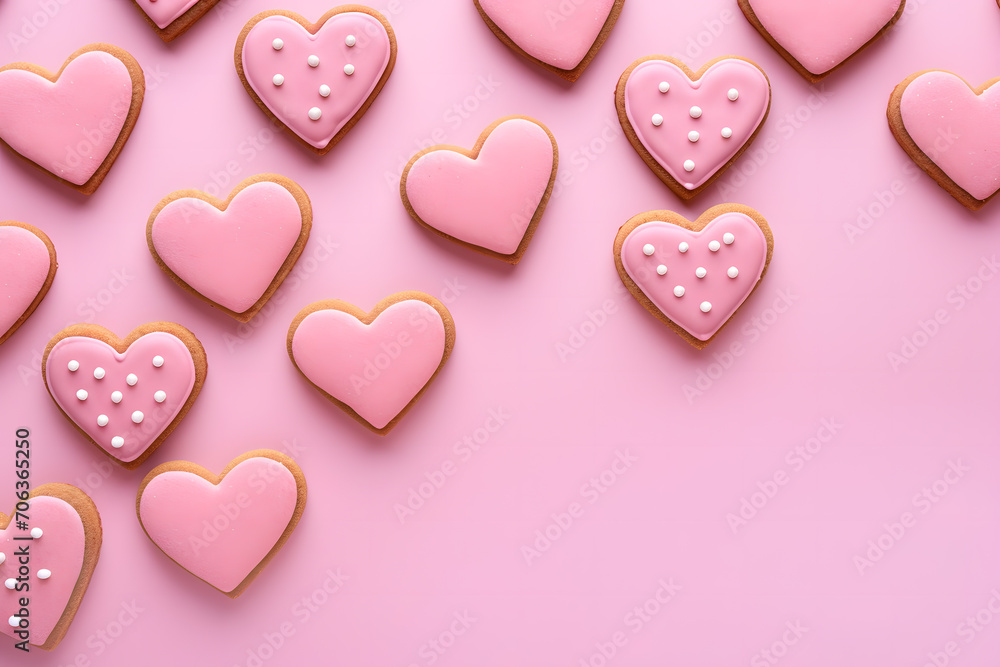 Pink heart shaped cookies on pink background