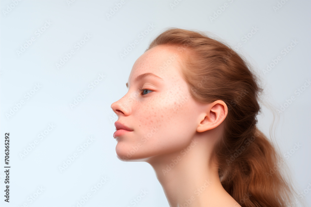 Profile of a young person with freckles and brown hair, highlighting serene natural beauty. Profile of a young person with freckles and brown hair, highlighting serene natural beauty.