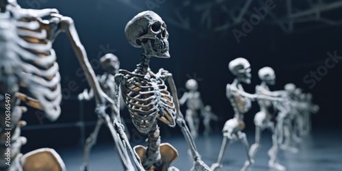 A group of skeletons standing side by side. This image can be used for Halloween decorations or to depict a spooky scene