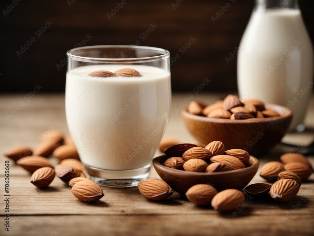 almond milk in glass and almonds in bowl. Generative AI almond milk in glass and almonds in bowl. Generative AI