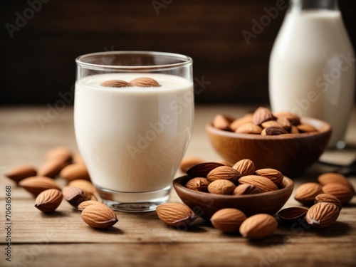 almond milk in glass and almonds in bowl. Generative AI