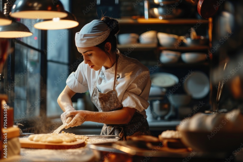 A woman is seen in a kitchen preparing food on a table. This image can be used to depict cooking, meal preparation, or home cooking A woman is seen in a kitchen preparing food on a table. This image can be used to depict cooking, meal preparation, or home cooking