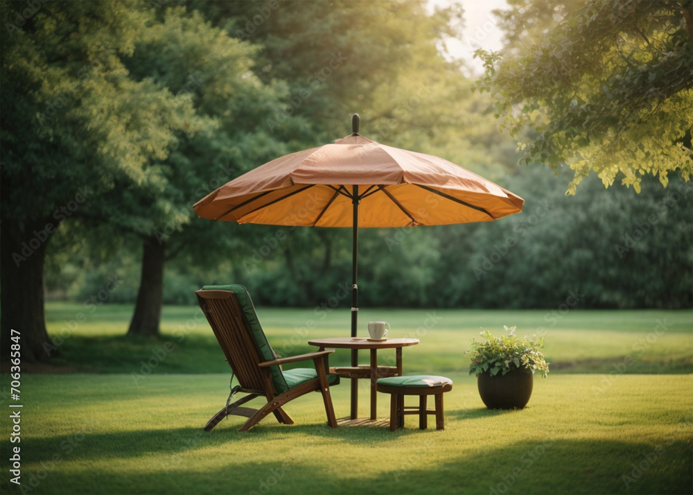 Chair with coffee table and umbrella