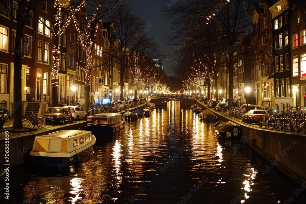 A captivating city canal at night with shimmering lights reflecting on the water. Perfect for urban landscapes and night scenes