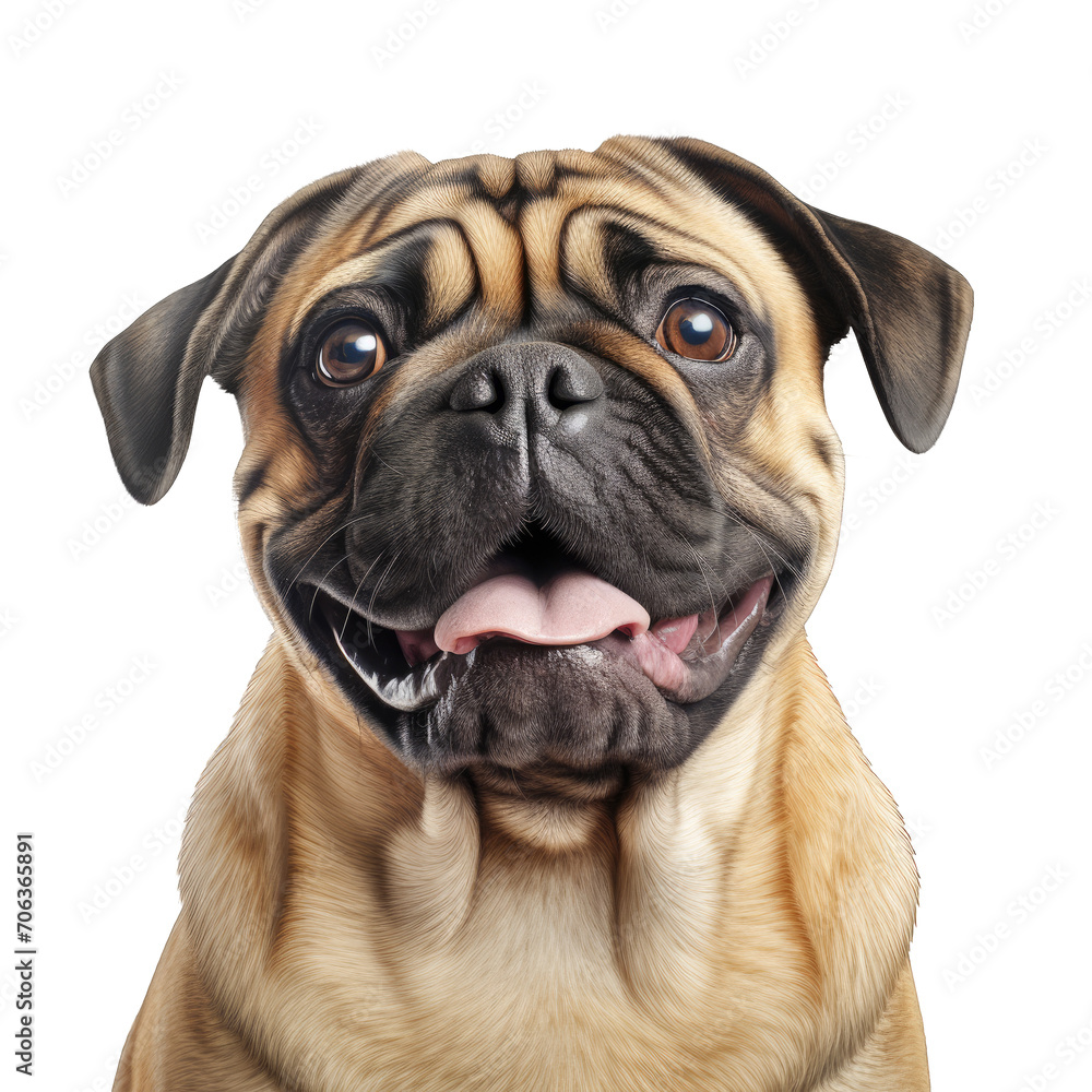 Pug dog looking at camera isolated on a cut out PNG transparent background